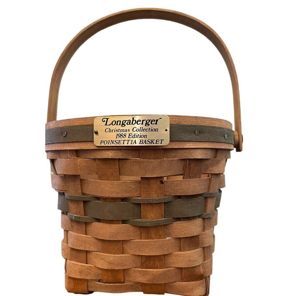 LONGABERGER 1988 Christmas Collection Poinsettia Basket W Handle Green Vintage
